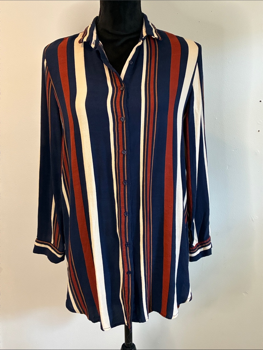 Cover Stitched brown navy cream striped long sleeves tunic shirt M asymmetric
